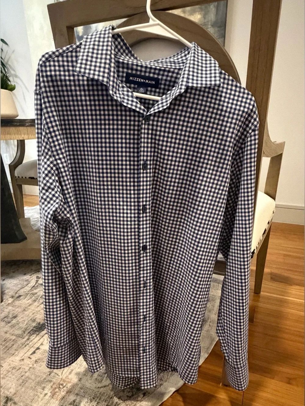 Mizzen + Main mens navy blue and white gingham shirt Size L